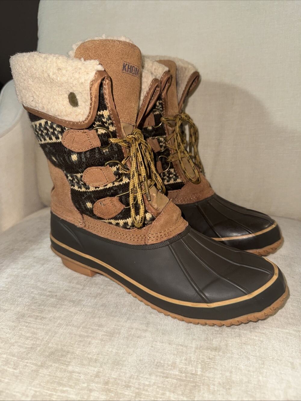 Khombu Sz 10 Duck Winter Boot Knit & Leather Steel Shank Lace Up Maya